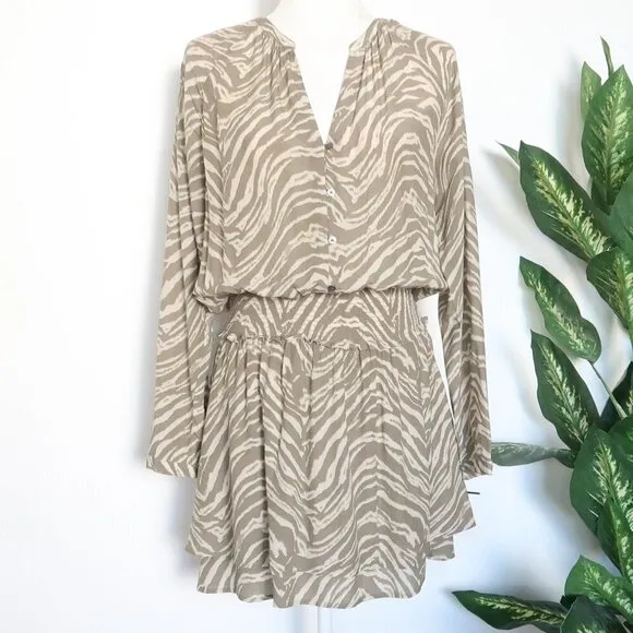 Rails Jasmine Beige Safari Wild Cat‎ Long Sleeve Smocked Waist Mini Dress Small