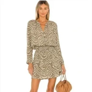 Rails Jasmine Beige Safari Wild Cat‎ Long Sleeve Smocked Waist Mini Dress Small