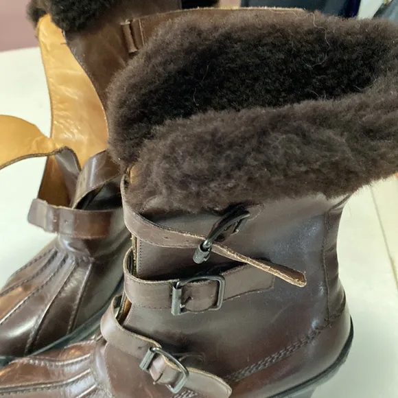 RALPH LAUREN BOOTS SIZE 7.5 B BROWN GENUINE LEATHER FUR TRIM MADE IN ITALY
