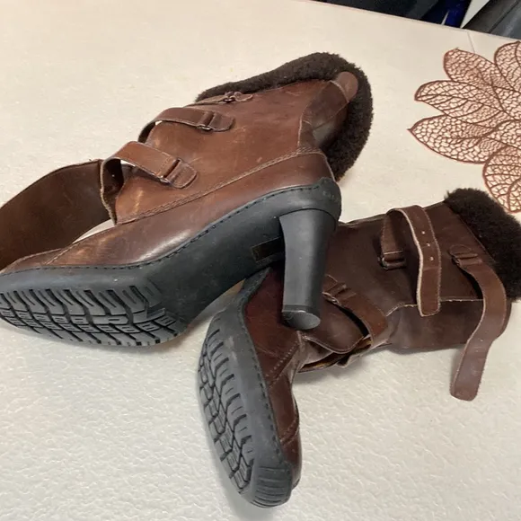 RALPH LAUREN BOOTS SIZE 7.5 B BROWN GENUINE LEATHER FUR TRIM MADE IN ITALY