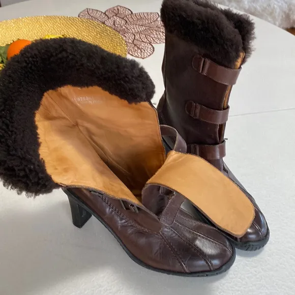 RALPH LAUREN BOOTS SIZE 7.5 B BROWN GENUINE LEATHER FUR TRIM MADE IN ITALY