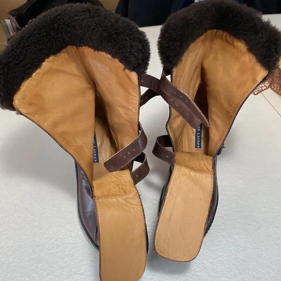 RALPH LAUREN BOOTS SIZE 7.5 B BROWN GENUINE LEATHER FUR TRIM MADE IN ITALY