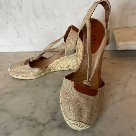 RALPH LAUREN CALA Linen Espadrilles Gold Tan 6B