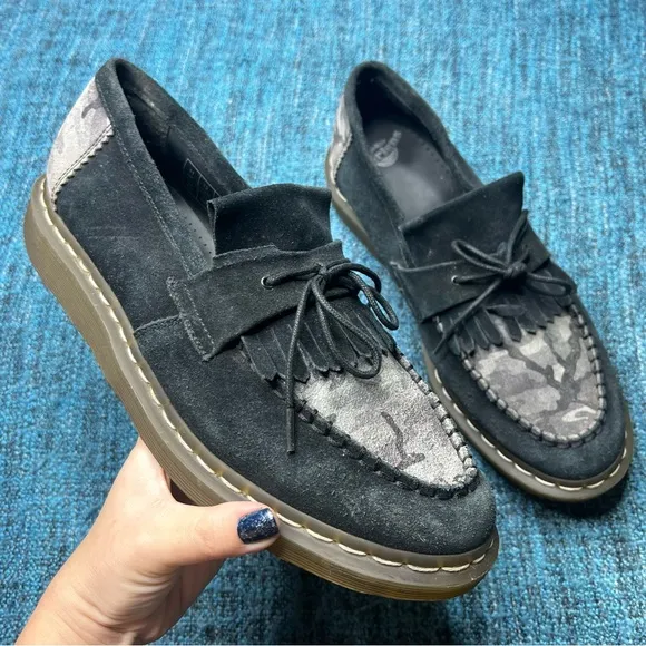 RARE Dr. Martens Dreyton Camo Suede Leather Loafers in Black Grey