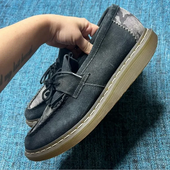 RARE Dr. Martens Dreyton Camo Suede Leather Loafers in Black Grey