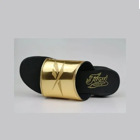 𝅺REEBOK Fury Slides Magic Hour Gold Black Size 5