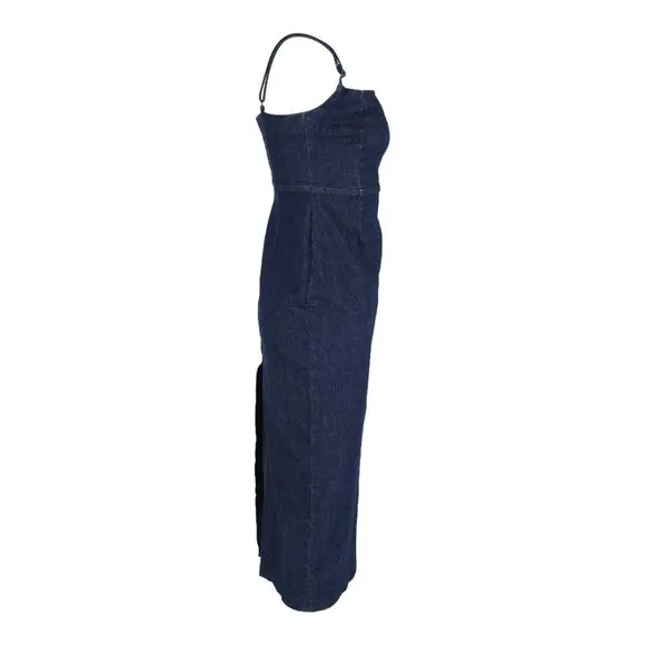 Reformation Delphinia Stretch-Denim Midi Dress In Navy Blue Cotton