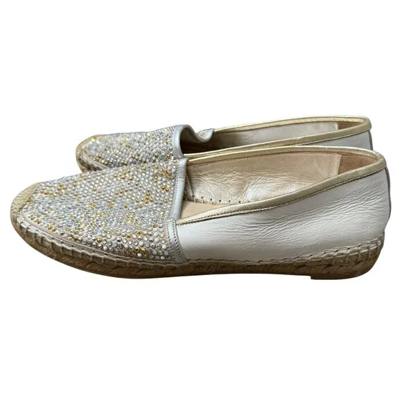 Rene Caovilla Swarovski Crystal Embellished White Leather Espadrille Flats 7
