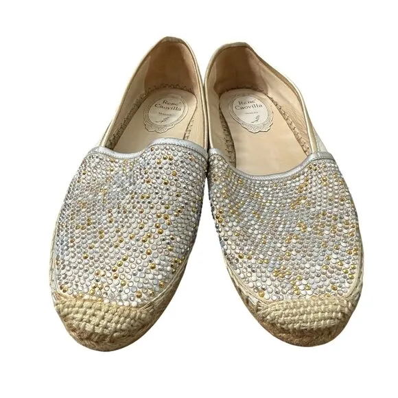 Rene Caovilla Swarovski Crystal Embellished White Leather Espadrille Flats 7