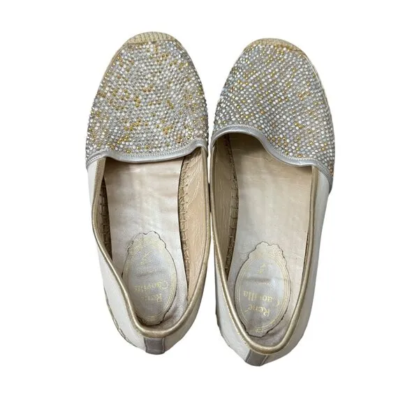 Rene Caovilla Swarovski Crystal Embellished White Leather Espadrille Flats 7