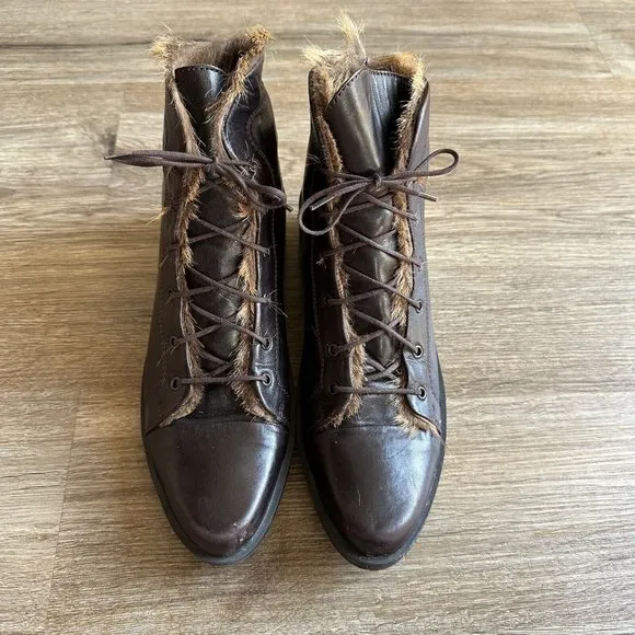 Robert Clergerie Brown Leather Lace Up Boots  Women’s Size 7.5 Fur Lined France