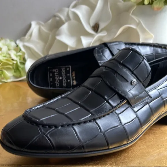 Roberto Serpentini Croc-Embossed Black Leather Loafers | Hardly Worn Onc…