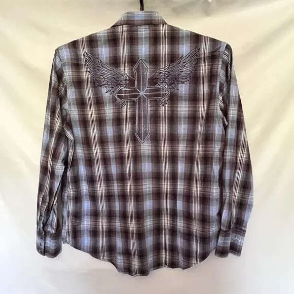 ROCK &amp; ROLL COWBOY Pearl Snap Mens Shirt Large Embroidered Cross Wings Western