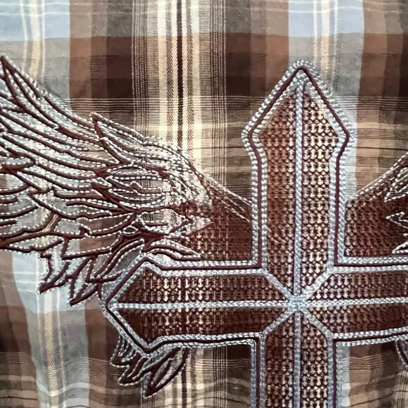 ROCK &amp; ROLL COWBOY Pearl Snap Mens Shirt Large Embroidered Cross Wings Western