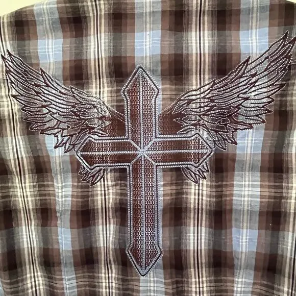 ROCK &amp; ROLL COWBOY Pearl Snap Mens Shirt Large Embroidered Cross Wings Western