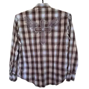ROCK &amp; ROLL COWBOY Pearl Snap Mens Shirt Large Embroidered Cross Wings Western