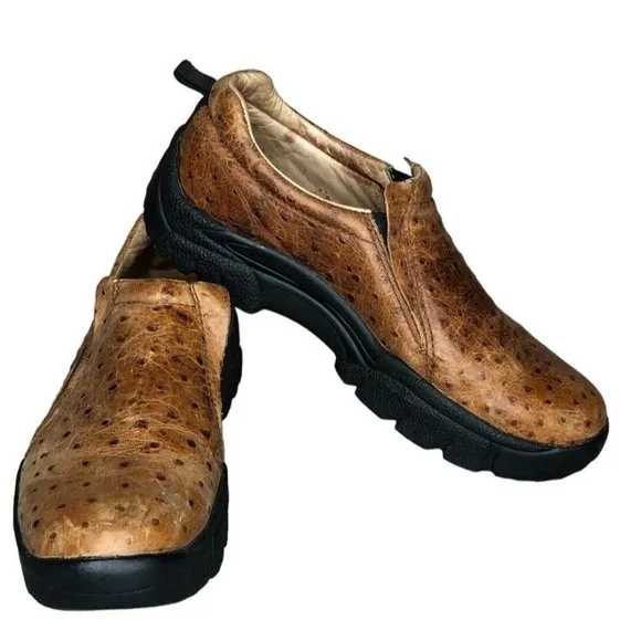 Roper Mens 12 Cotter Ostrich Sport Slip On Casual Shoes Loafers Tan Leather
