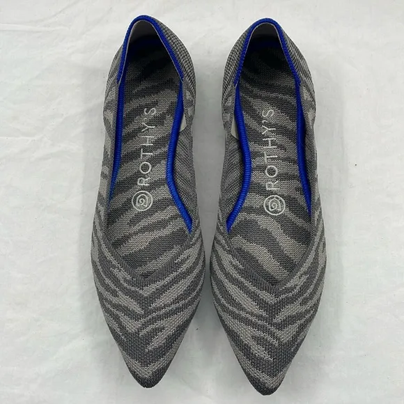 ROTHY’S 6.5 The Point Flats In Grey Zebra Stripe.