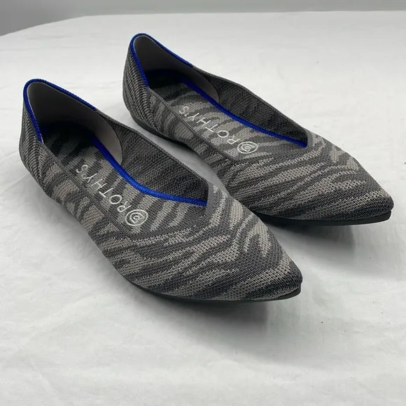 ROTHY’S 6.5 The Point Flats In Grey Zebra Stripe.
