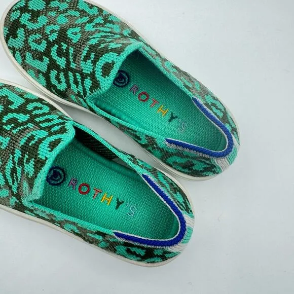Rothy’s Aqua Cheetah Animal Print Slip-On Sneakers Kid’s Size 10