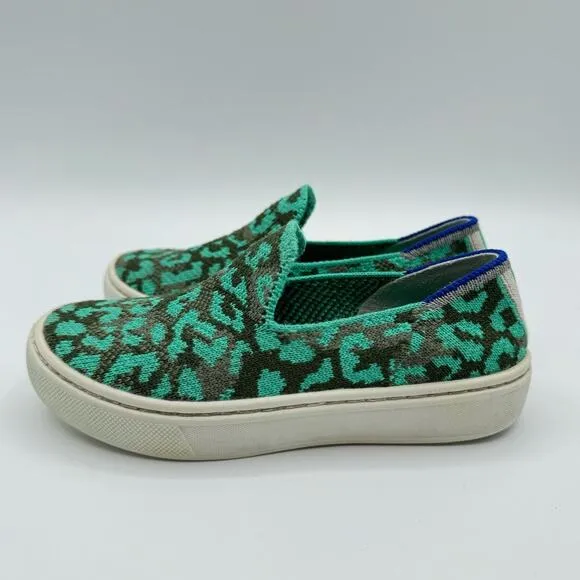 Rothy’s Aqua Cheetah Animal Print Slip-On Sneakers Kid’s Size 10