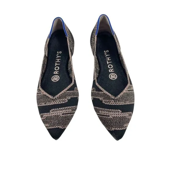 Rothy's Golden Shimmer Points Flats Black Gold Womens Size 6.5 Metallic Classic