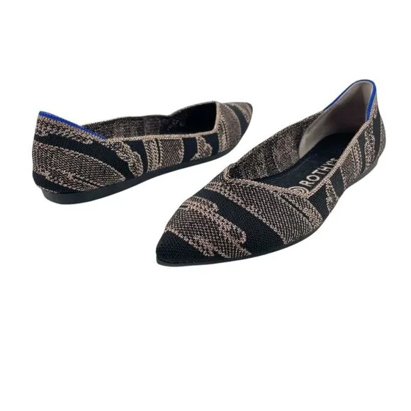 Rothy's Golden Shimmer Points Flats Black Gold Womens Size 6.5 Metallic Classic