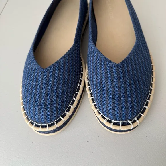 Rothy's navy blue stripe the espadrille flat slip on shoes 9.5
