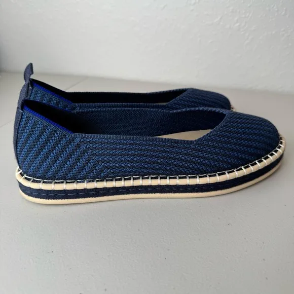Rothy's navy blue stripe the espadrille flat slip on shoes 9.5