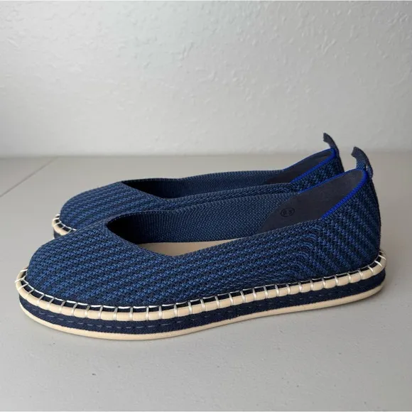 Rothy's navy blue stripe the espadrille flat slip on shoes 9.5