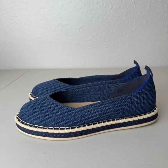Rothy's navy blue stripe the espadrille flat slip on shoes 9.5