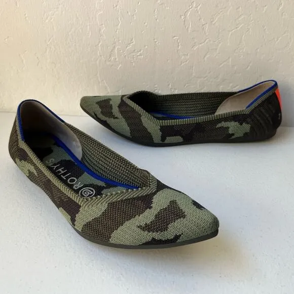 Rothy's The Point Camo Ballet Flats Comfort Washable Army Olive Green Size 8.5