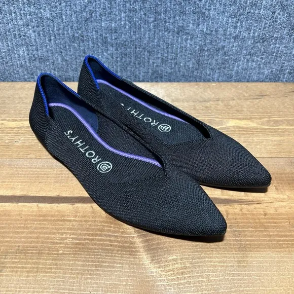 Rothys The Point Women's Size 8 Ballet Flats Black Knit Pointed Toe Marine Blue