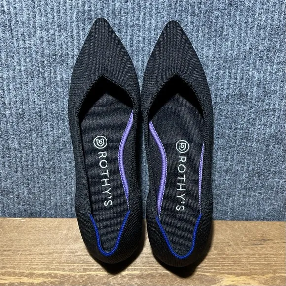 Rothys The Point Women's Size 8 Ballet Flats Black Knit Pointed Toe Marine Blue