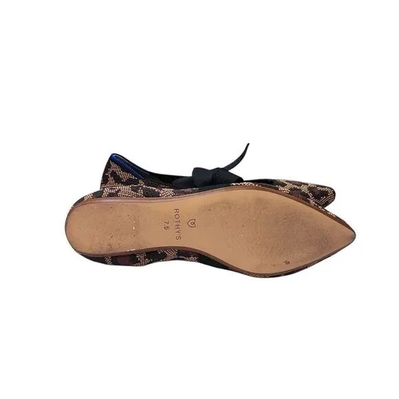 Rothys Womens Pointed Toe Size 7.5  Big Cats Black Flats with Bow Animal Print
