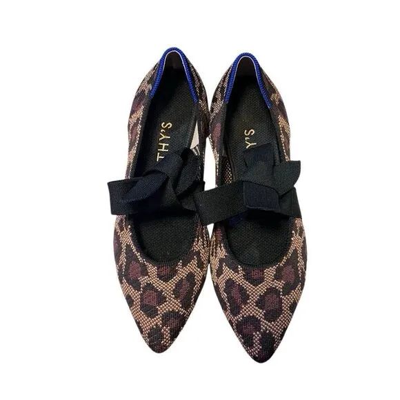 Rothys Womens Pointed Toe Size 7.5  Big Cats Black Flats with Bow Animal Print