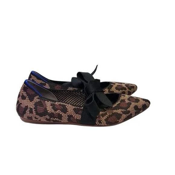 Rothys Womens Pointed Toe Size 7.5  Big Cats Black Flats with Bow Animal Print