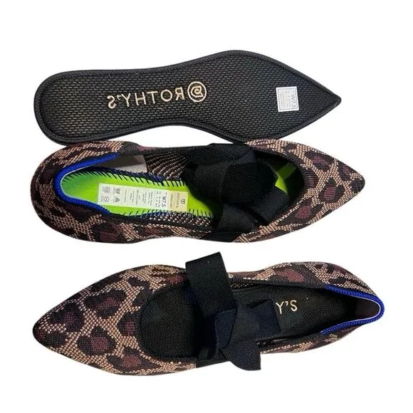 Rothys Womens Pointed Toe Size 7.5  Big Cats Black Flats with Bow Animal Print