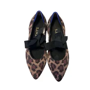 Rothys Womens Pointed Toe Size 7.5  Big Cats Black Flats with Bow Animal Print