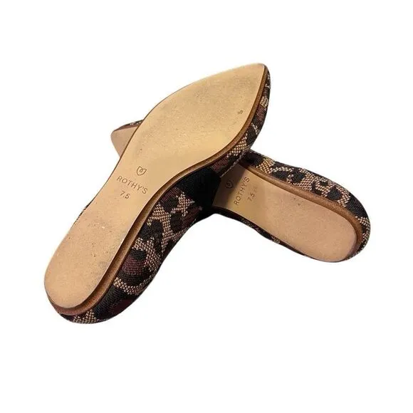 Rothys Womens Pointed Toe Size 7.5  Big Cats Black Flats with Bow Animal Print