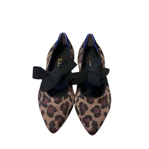 Rothys Womens Pointed Toe Size 7.5  Big Cats Black Flats with Bow Animal Print