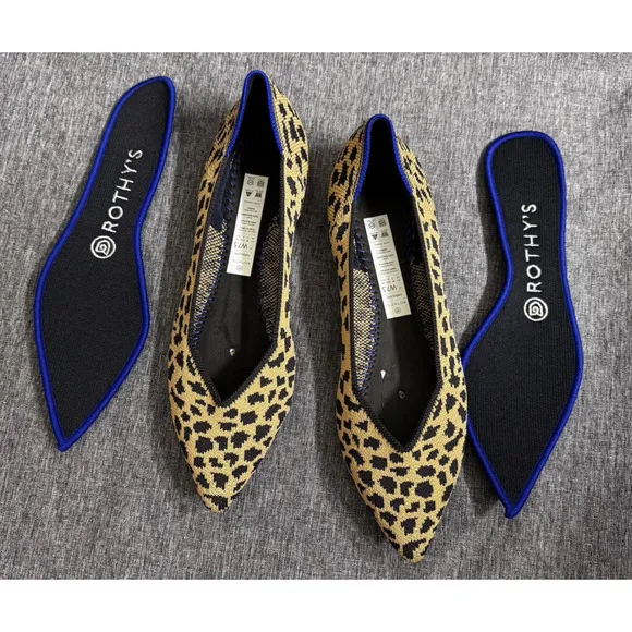 Rothy’s Women’s THE POINT Cheetah Print Knit Pointed Toe Slip On Flats Size 7.5