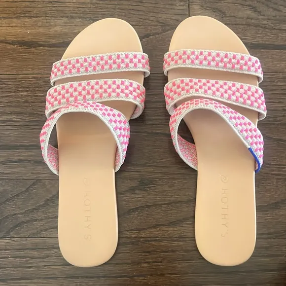 Rothy's Women's Triple Band Hot Pink Tan Basket Stitch Slides Sandals 7