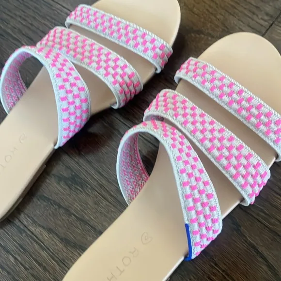 Rothy's Women's Triple Band Hot Pink Tan Basket Stitch Slides Sandals 7