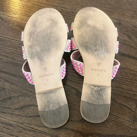 Rothy's Women's Triple Band Hot Pink Tan Basket Stitch Slides Sandals 7