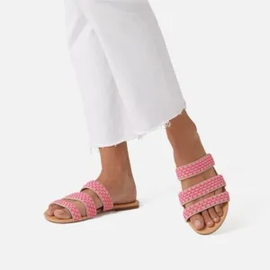 Rothy's Women's Triple Band Hot Pink Tan Basket Stitch Slides Sandals 7