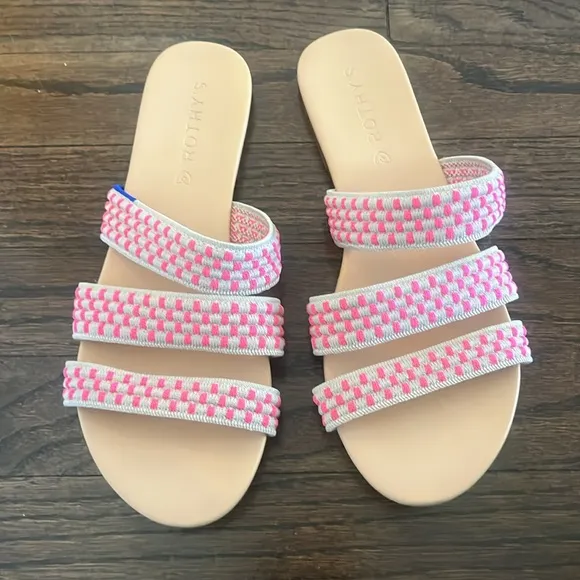 Rothy's Women's Triple Band Hot Pink Tan Basket Stitch Slides Sandals 7