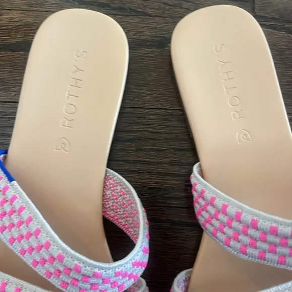 Rothy's Women's Triple Band Hot Pink Tan Basket Stitch Slides Sandals 7