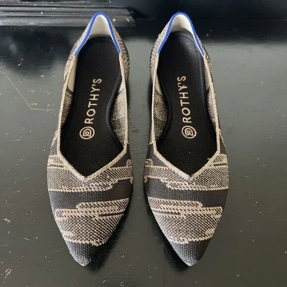 Rothys Women's W8 Black/gold Shimmer Pointed Toe Slip On Ballet Flats Preowned