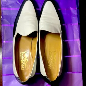 Salvatore Ferragamo Black and White Leather Loafers